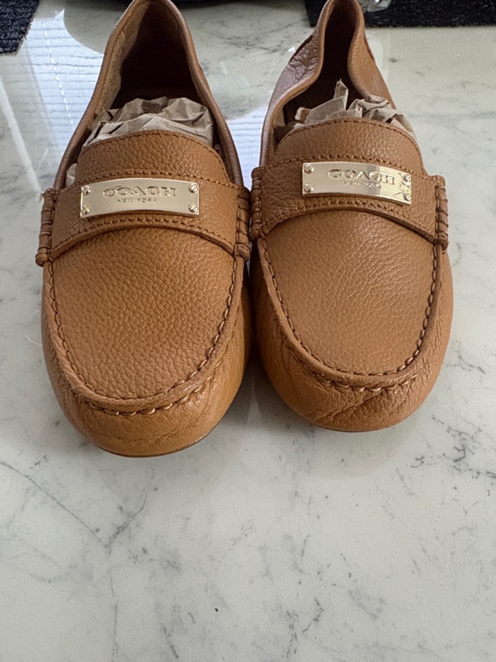 COACH Tan Pebbled Leather Penny Loafers with Gold Plate - Picture 2 of 3